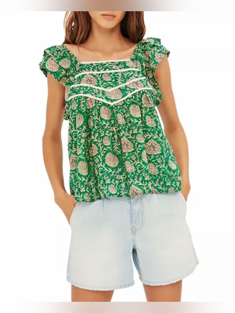 ba&sh Peio Printed Ruffled Top in Green